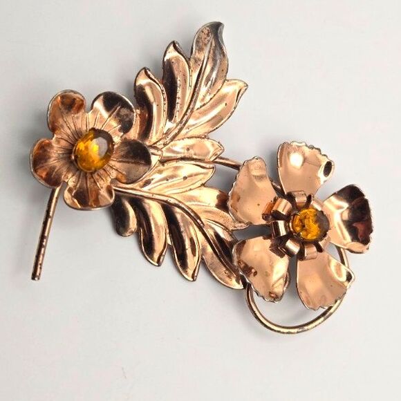 Vintage Sterling Silver Floral Brooch Yellow Rhinestone Vermeil 1940s‎ 50s 17g - Picture 3 of 5